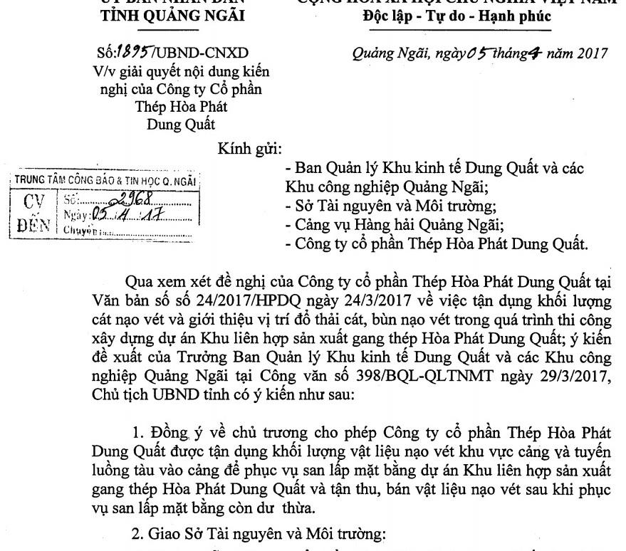 Hòa Phát Dung Quất được phép tận thu cát mặn: “Xin” là …“cho”?