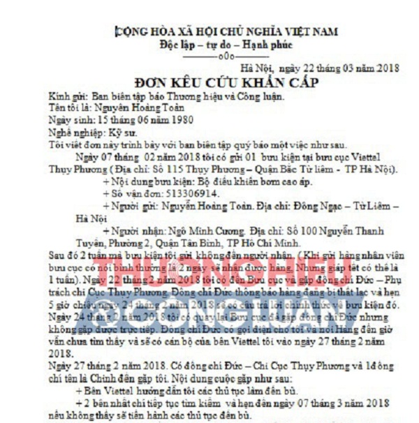 Viettel post 115 Thụy Phương:  Thất lạc bưu kiện giá trị 60 triệu đồng