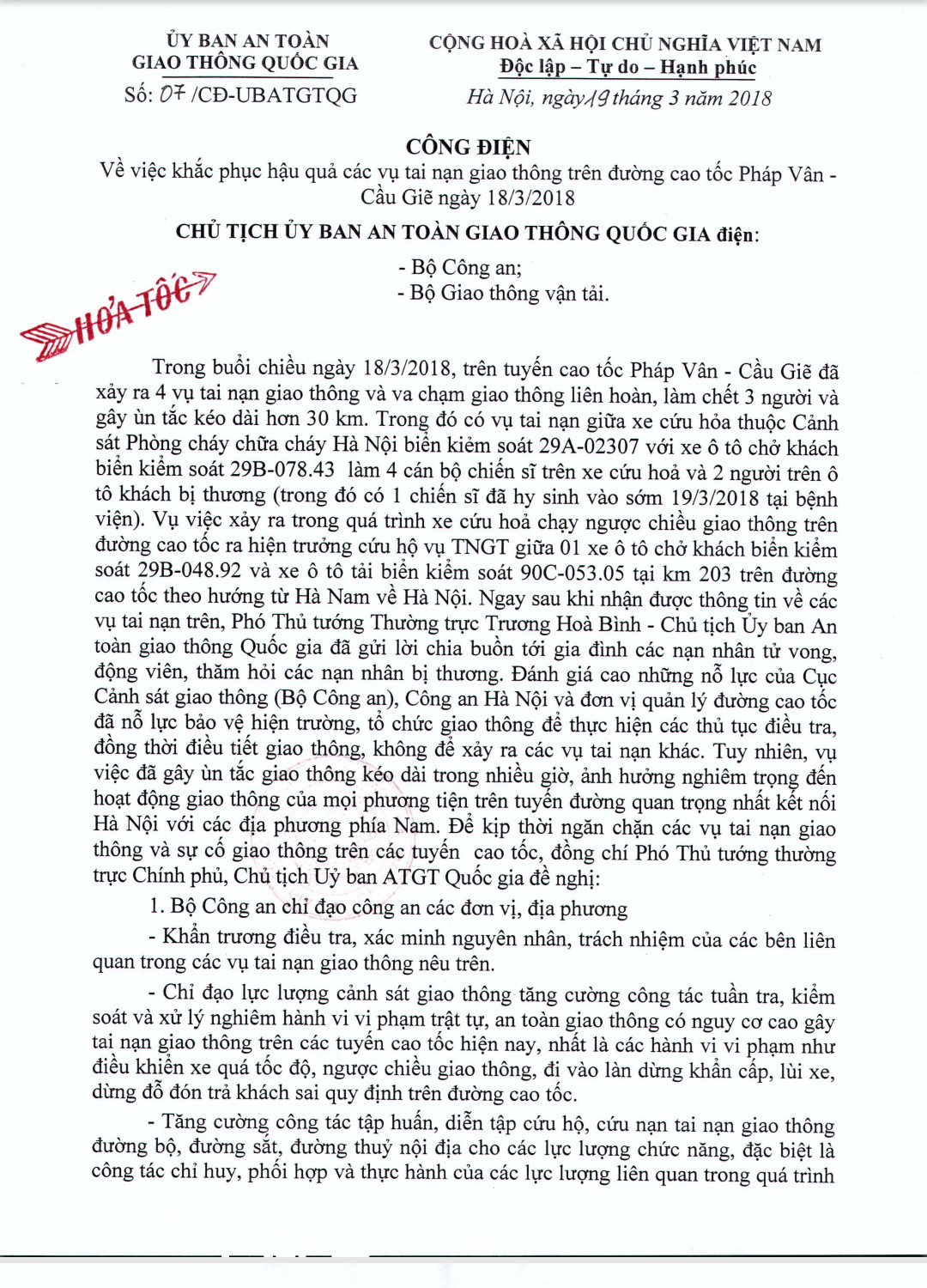 Công điện khẩn của UBATGT quốc gia về khác phục hậu quả tai nạn giao thông Pháp Vân - Cầu Giẽ 
