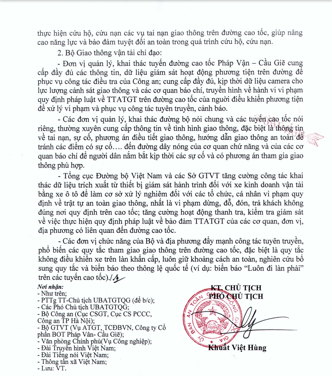 Công điện khẩn của UBATGT quốc gia về khắc phục hậu quả tai nạn giao thông Pháp Vân - Cầu Giẽ 