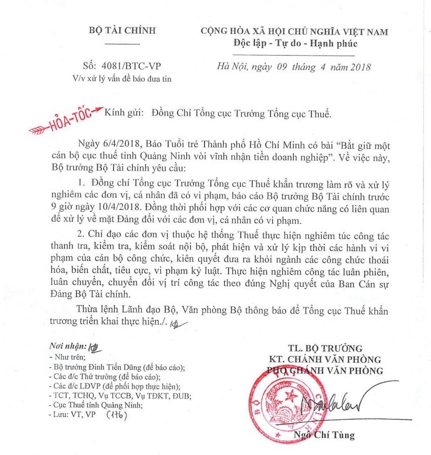 Bộ Tài Chính: Xử lý nghiêm cán bộ thuế, hải quan sai phạm