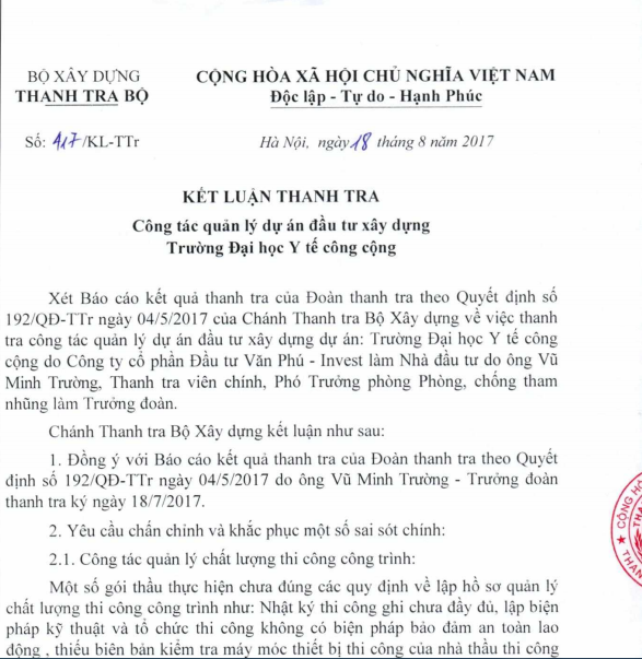 Công bố kết luận thanh tra Văn Phú - Invest tại dự án đầu tư xây dựng ĐH Y tế Cộng Đồng