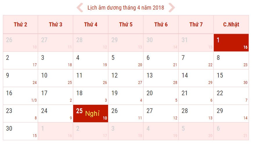 Lịch nghỉ chính thức ngày Giỗ Tổ Hùng Vương, 30/4 và 01/5/2018