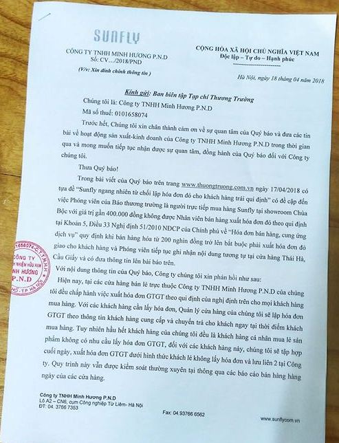 Công ty Minh Hương P.N.D phản hồi sau khi Thương Trường phản ánh