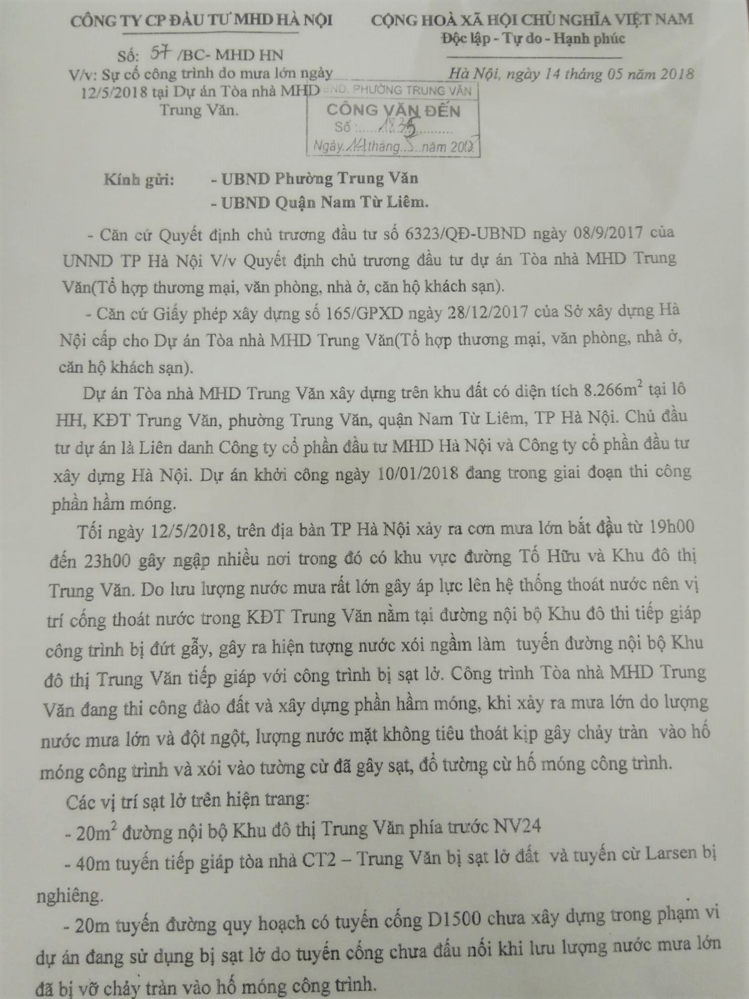 Sau sự cố móng công trình, dự án MHD Trung Văn bị yêu cầu ngừng thi công
