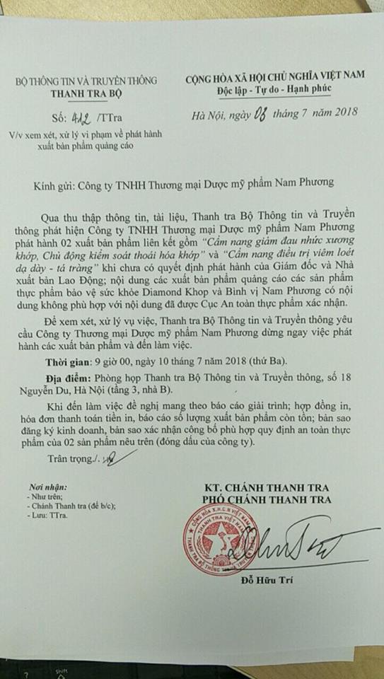 Công ty TNHH TM Dược mỹ phẩm Nam Phương bị yêu cầudừng ngay việc phát hành 2 xuất bản phẩm quảng cáo