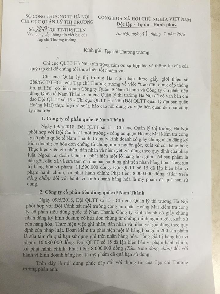 Kinh doanh mỹ phẩm hết hạn sử dụng, Công ty CP quốc tế Thành Nam bị xử phạt