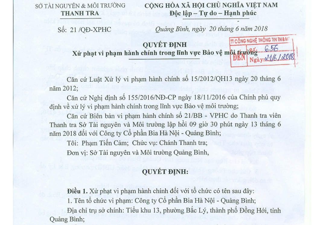 Bia Hà Nội - Quảng Bình vi phạm pháp luật bảo vệ môi trường 