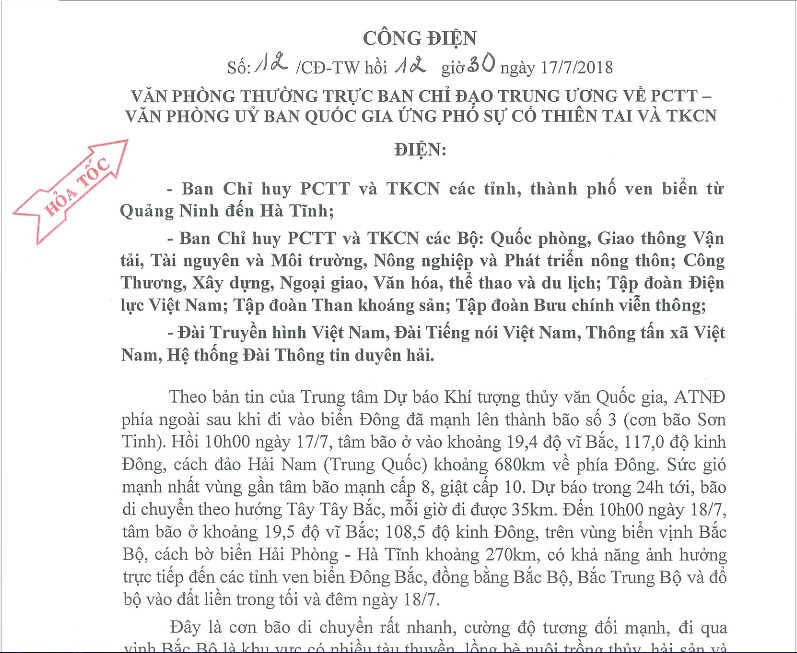 Công điện khẩn cấp chỉ đạo ứng phó bão số 3 (Sơn Tinh)