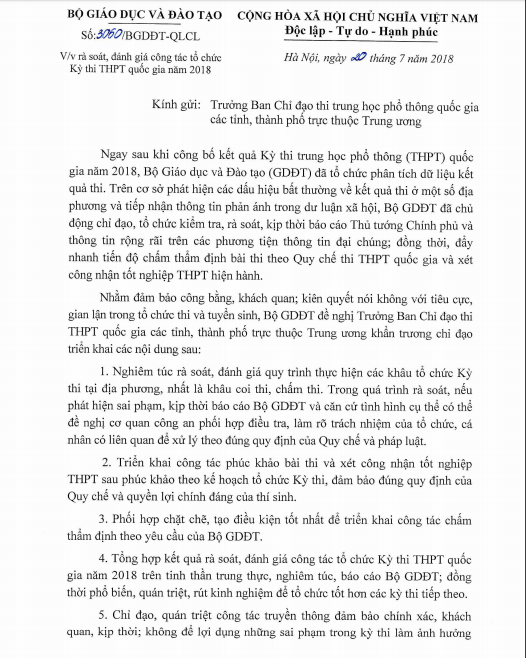 Bộ GD-ĐT yêu cầu 63 tỉnh thành rà soát điểm thi THPT quốc gia 2018