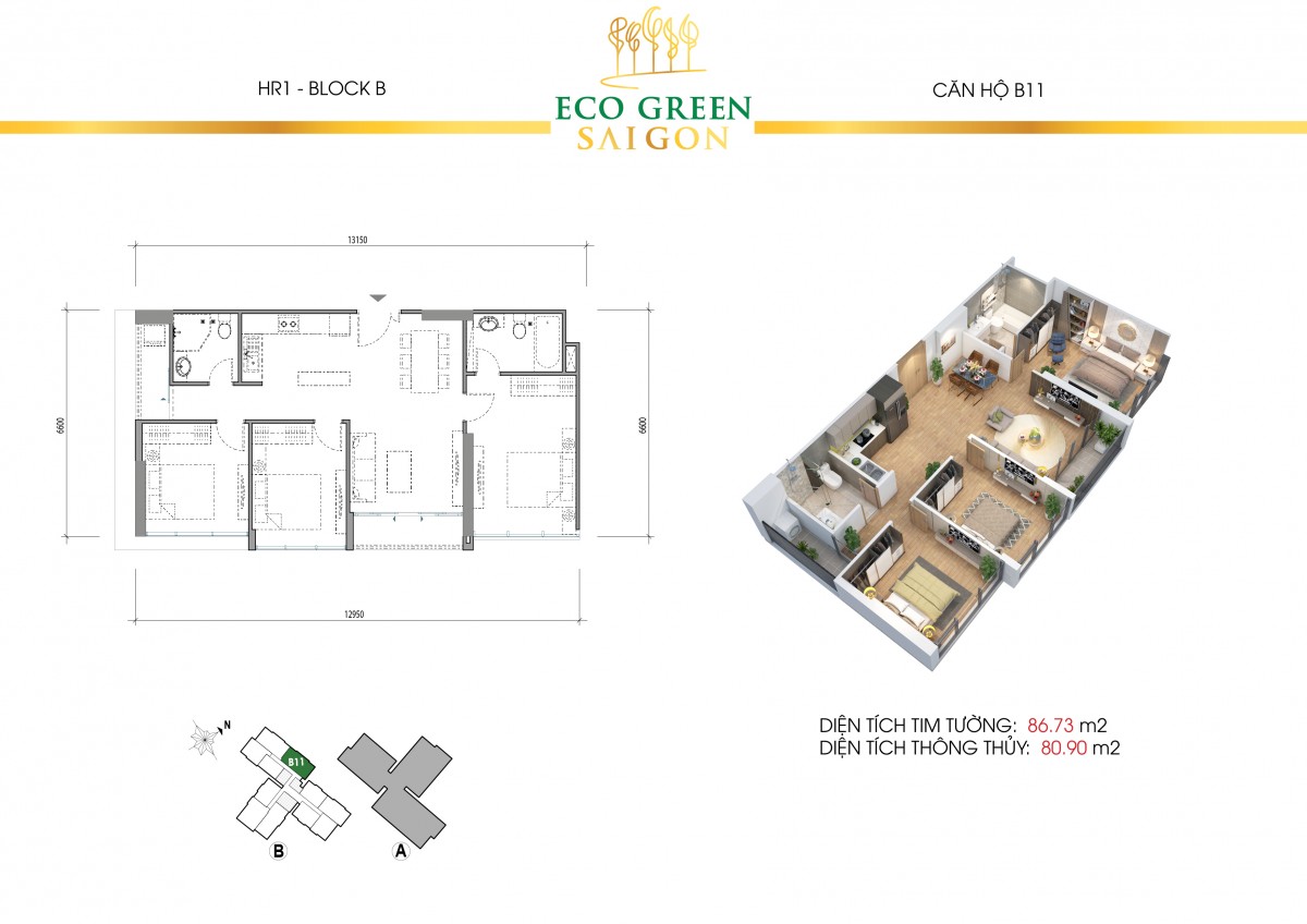 “Bóc” thiết kế căn hộ 3 phòng ngủ tại dự án Eco-Green Saigon