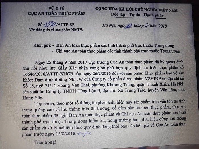 Phạt nặng Cty CP Dược phẩm VSHINE với Sản phẩm Đạm dinh dưỡng Nhi TW