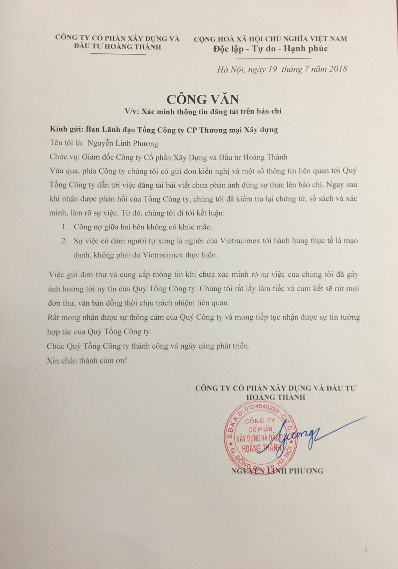 Vietracimex và Cty CP ĐT&XD Hoàng Thành: Tiếp tục hợp tác trong tương lai sau cái bắt tay