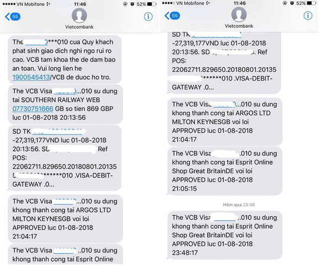 Trong một ngày, 2 chủ tài khoản mất hơn 60 triệu đồng trong thẻ Visa Vietcombank 