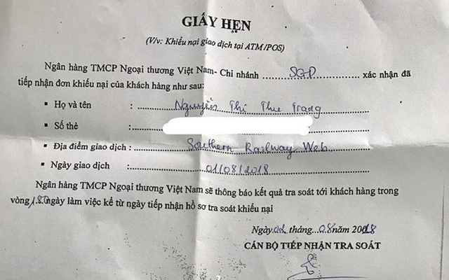 Trong một ngày, 2 chủ tài khoản mất hơn 60 triệu đồng trong thẻ Visa Vietcombank 