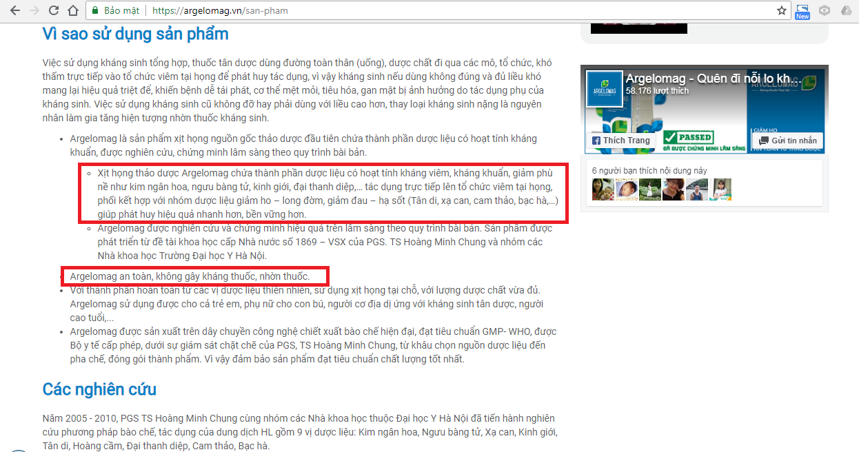 ARGELOMAG – Thực phẩm dùng để xịt họng của Dược mỹ phẩm CVI: Quảng cáo sai luật