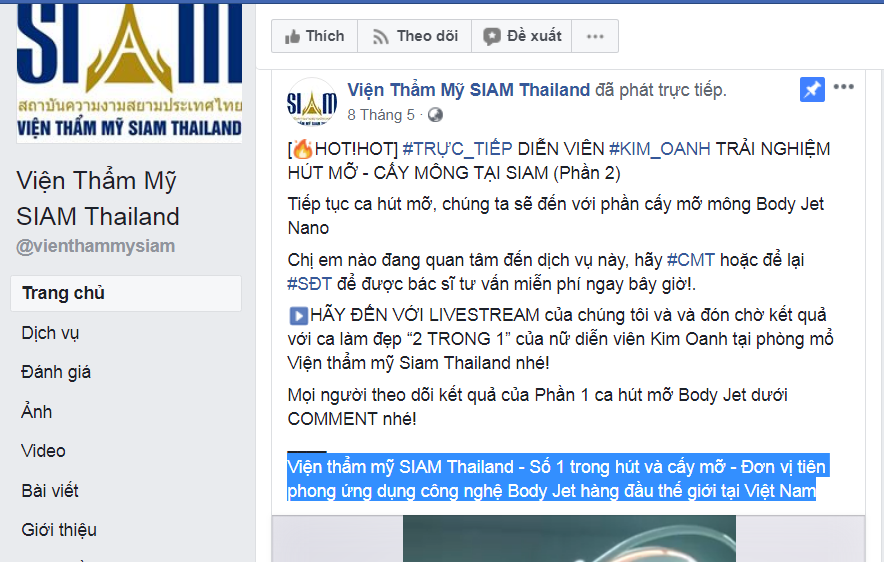Viện thẩm mỹ Siam Thailand vi phạm luật quảng cáo, vi phạm về thời gian được cấp phép?