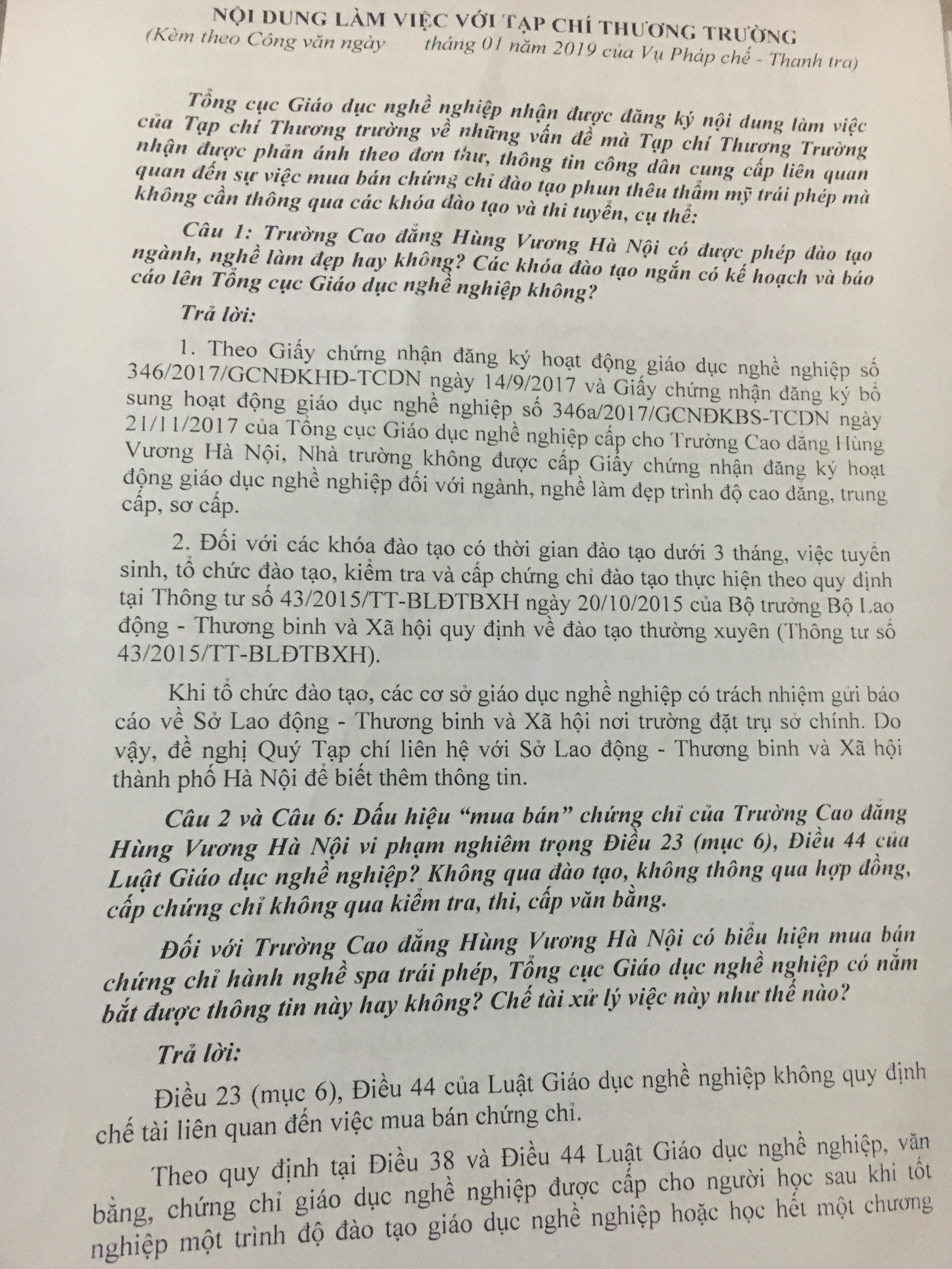 Kỳ 4 Tổng Cục giáo dục nghề nghiệp Trường Cao đẳng Hùng Vương không được phép cấp chứng chỉ thẩm mỹ 