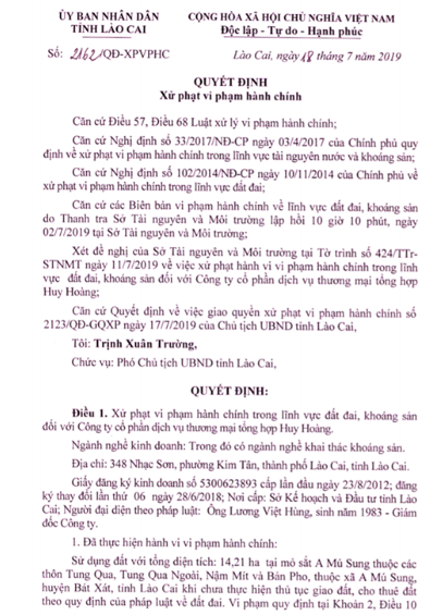 Lào Cai Xử phạt Cty Huy  Hoàng 178 triệu đồng do khai thác khoáng sản trái phép 