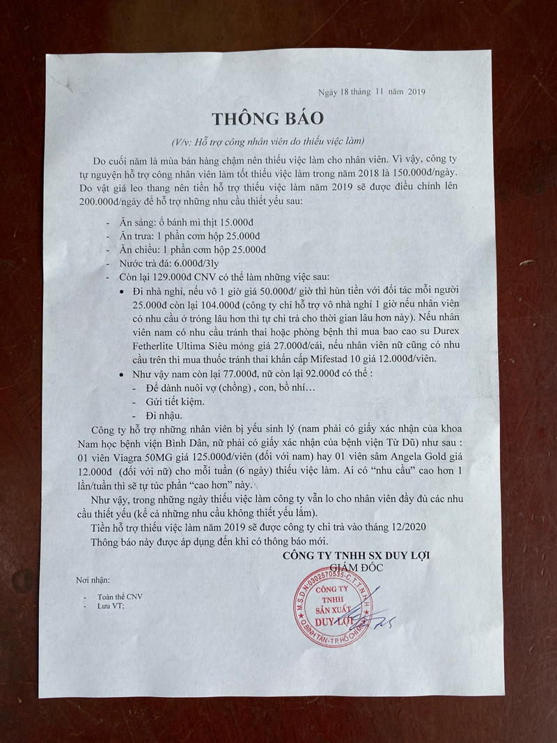 Công ty Duy Lợi hỗ trợ nhân viên bao cao su, thuốc tránh thai