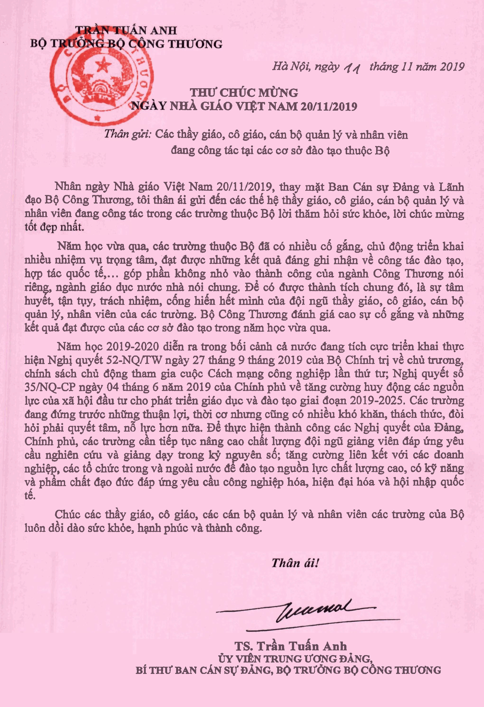 Bộ trưởng Trần Tuấn Anh gửi thư chúc mừng nhân ngày Nhà giáo Việt Nam (20112019)