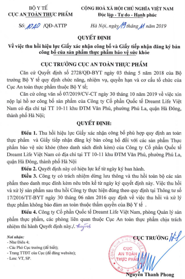 Thu hồi, cấm lưu thông 13 sản phẩm của Công ty cổ phần Quốc tế Dreamt Life Việt Nam
