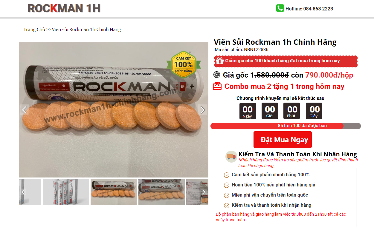 Viên sủi Rockman-1h Thực phẩm BVSK quảng cáo gây nhầm lẫn là thuốc chữa bệnh trên MXH