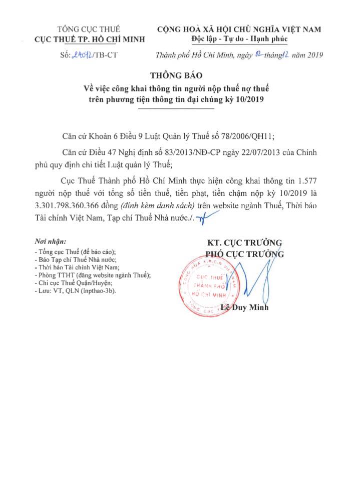 TP.Hồ Chí Minh Công khai danh sách 1.577 doanh nghiệp nợ  thuế kỳ 102019