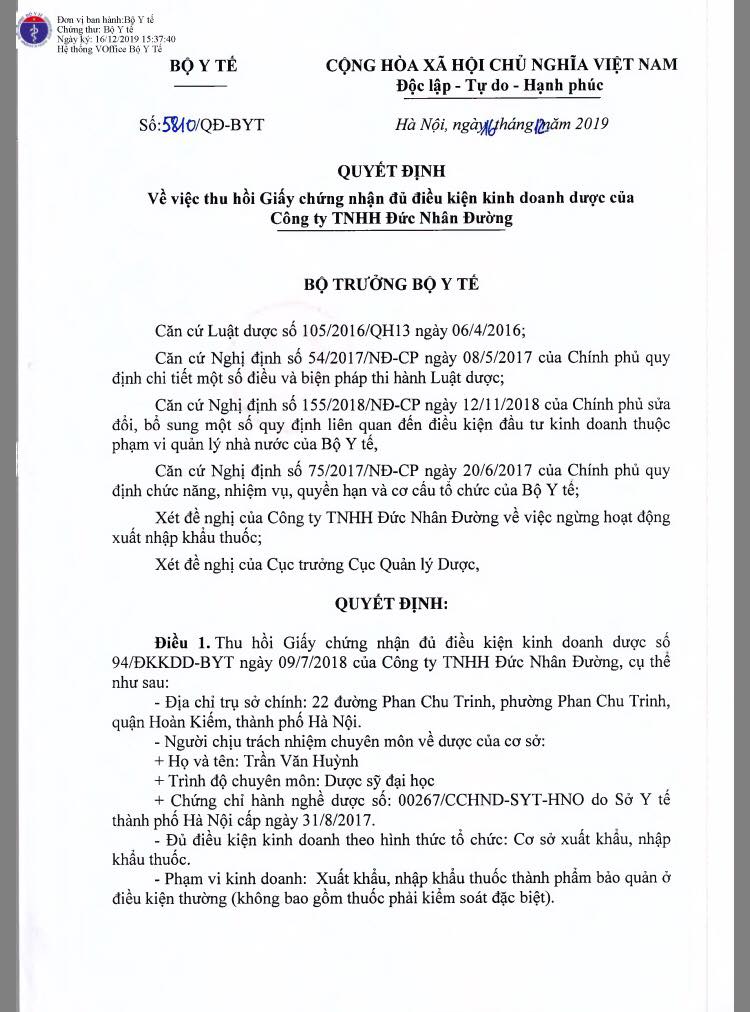 Thu hồi Giấy chứng nhận đủ điều kiện kinh doanh dược của Công ty TNHH ...