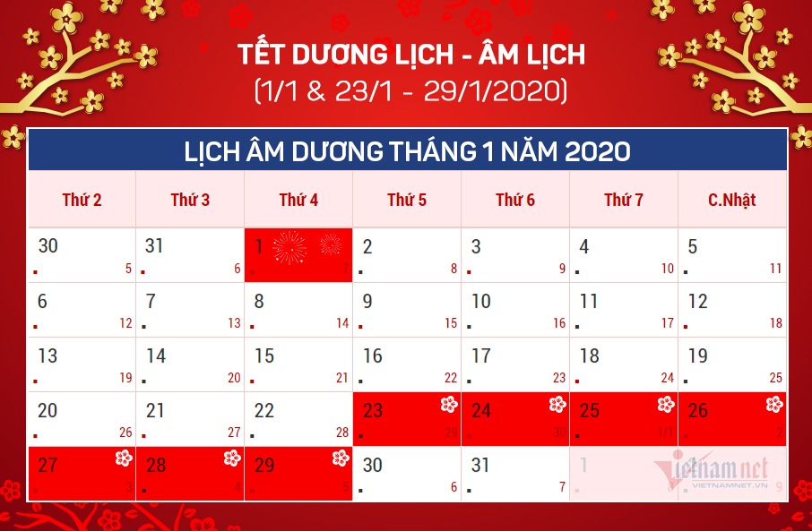 14 ngày nghỉ lễ, Tết trong năm 2020
