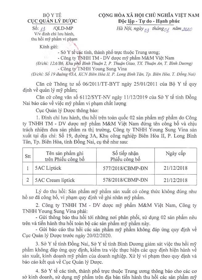 Đình chỉ lưu hành và thu hồi sản phẩm của Công ty TNHH TM-DV dược mỹ phẩm MM Việt Nam