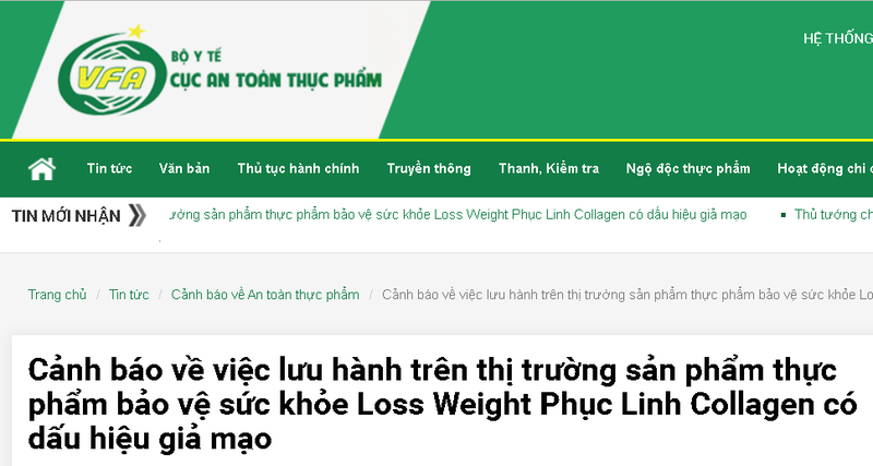 Cảnh báo sản phẩm thực phẩm BVSK Loss Weight Phục Linh Collagen có dấu hiệu giả mạo