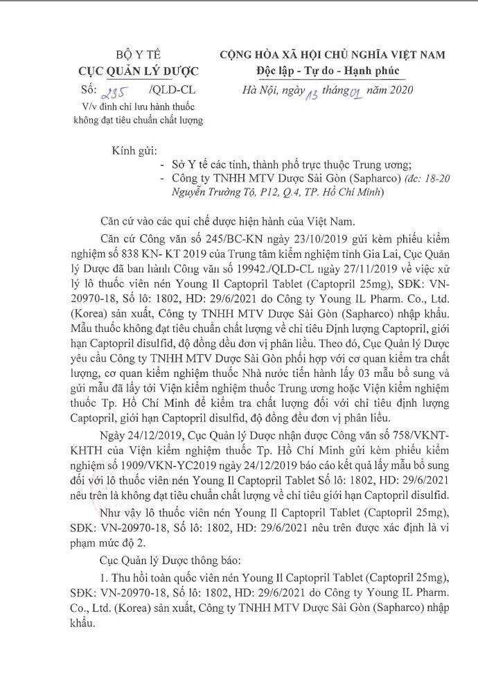 Đình chỉ lưu hành thuốc viên nén Young II Captopril Tablet không đạt tiêu chuẩn chất lượng 