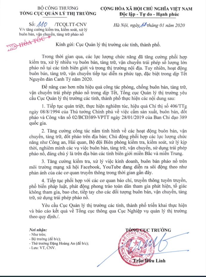 Công văn hỏa tốc yêu cầu tăng cường kiểm tra, kiểm soát, xử lý buôn bán, vận chuyển, tàng trữ pháo nổ