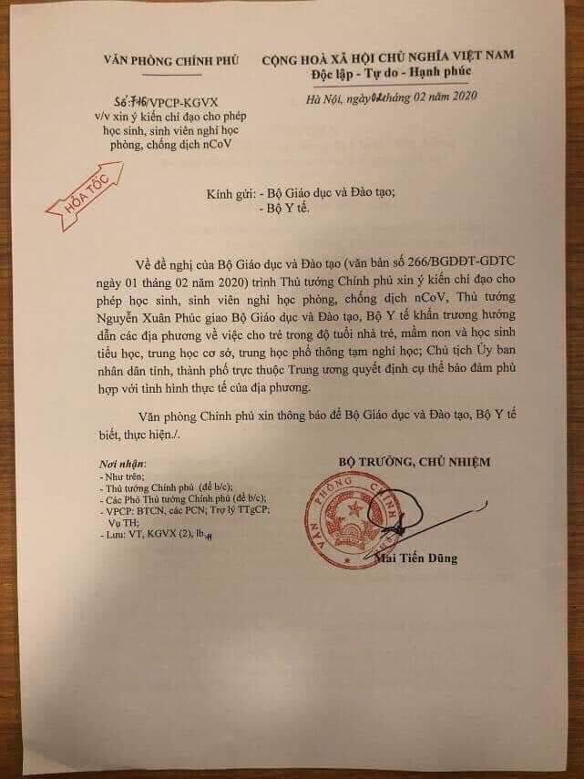 Thủ tướng đồng ý với đề xuất của Bộ Giáo dục cho học sinh tạm nghỉ học để phòng chống dịch virus corona