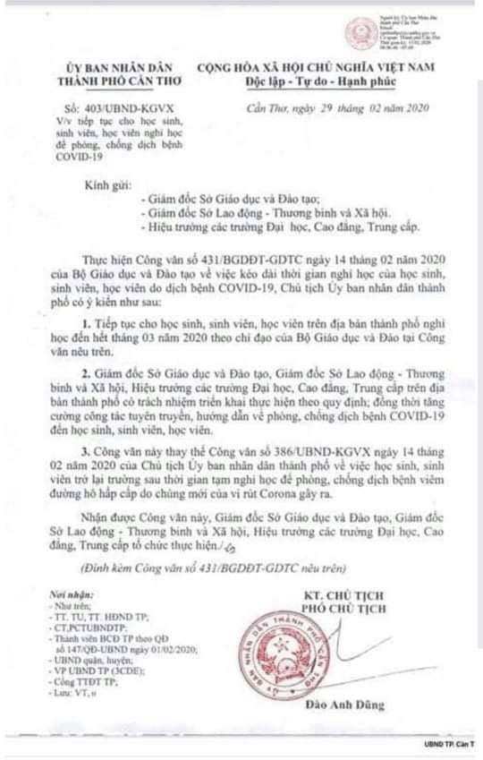 Xuất hiện công văn giả mạo cho học sinh Cần Thơ nghỉ học hết tháng 3