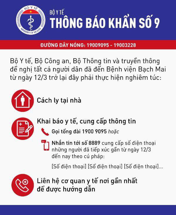 Bộ Y tế kêu gọi người dân từng đến Bệnh viện Bạch Mai từ ngày 12 tới 273 nên khai báo sức khỏe và tự cách ly