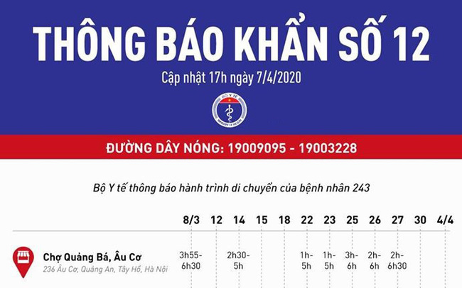 Bộ Y tế ra thông báo khẩn về hành trình di chuyển, truy tìm người đã tiếp xúc với bệnh nhân 243