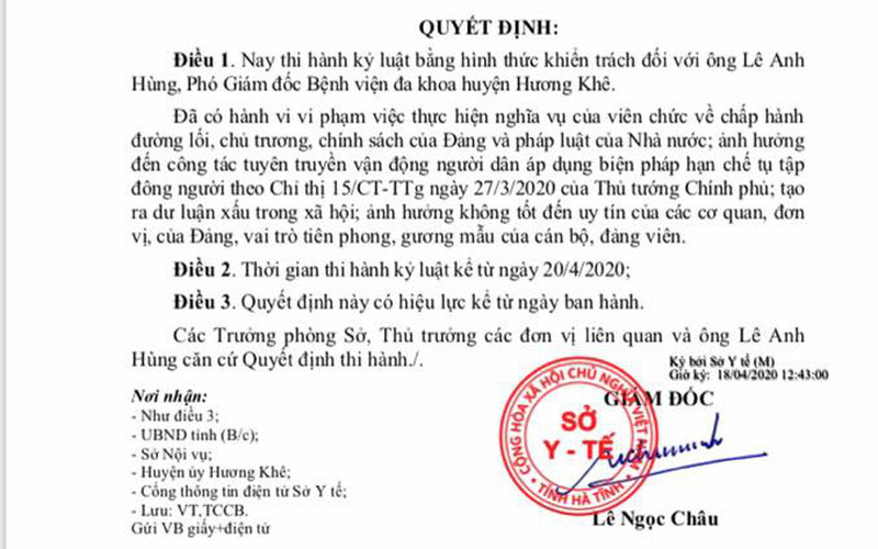 Kỷ luật Phó Giám đốc bệnh viện tổ chức đám cưới cho con trong mùa dịch COVID-19