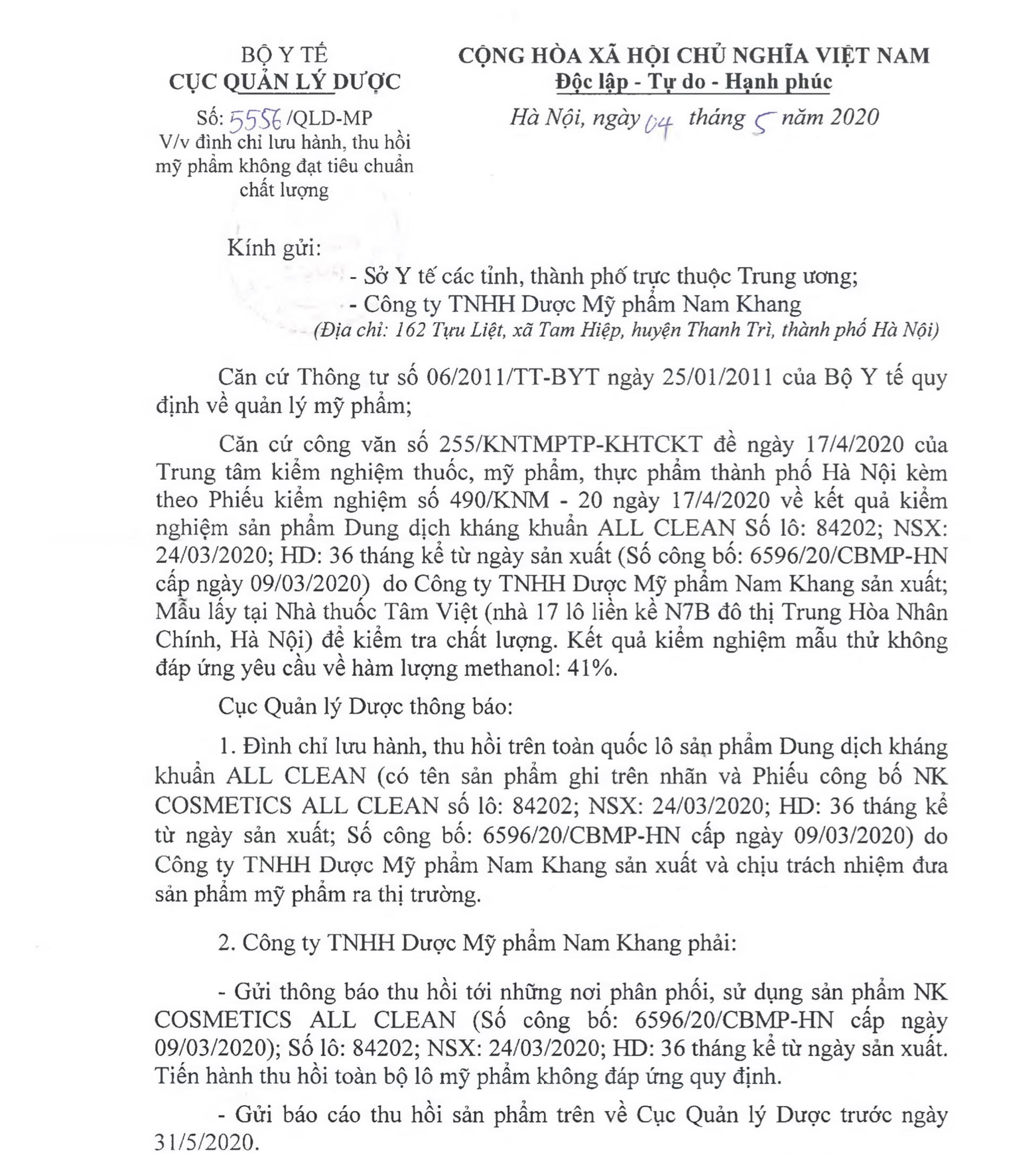 Đình chỉ lưu hành, thu hồi toàn quốc dung dịch kháng khuẩn ALL CLEAN