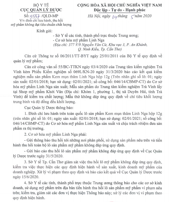 Đình chỉ lưu hành, thu hồi  toàn quốc mỹ phẩm Kem mụn thâm Linh Nga