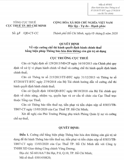 Quyết định cưỡng chế hoá đơn, hoá đơn không có giá trị sử dụng đối với Công ty TNHH XD Giao thông Công chánh Vừng Dương