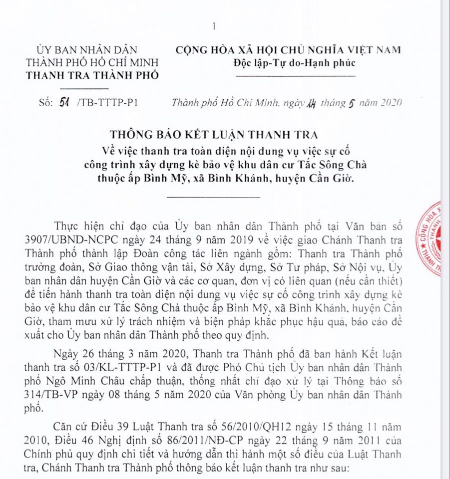 TP. HCM Qua sự cố sạt lỡ công trình bờ kè bảo vệ KDC Tắc Sông Chà, phát hiện hàng loạt sai phạm của nhiều đơn vị