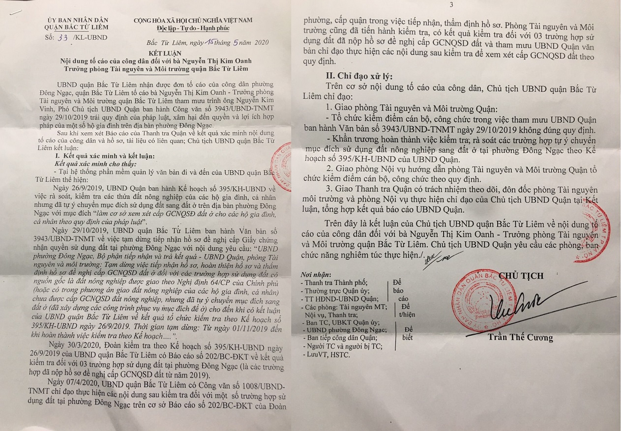 Trưởng phòng TNMT quận Bắc Từ Liêm tham mưu Chủ tịch quận ban hành văn bản trái quy định