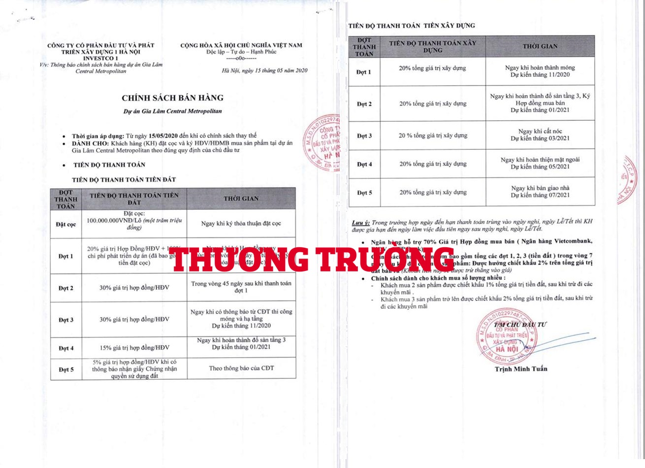 INVESTCO1 phủ nhận bán dự án Gia Lâm Central Metropolitan