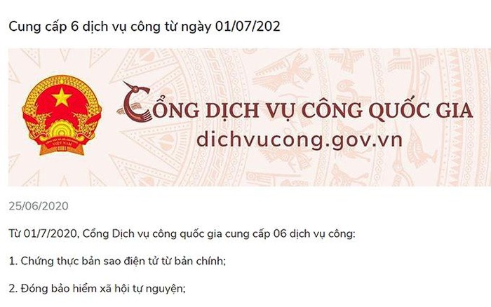 Từ 172020, tích hợp thêm 6 dịch vụ trên Cổng dịch vụ công quốc gia