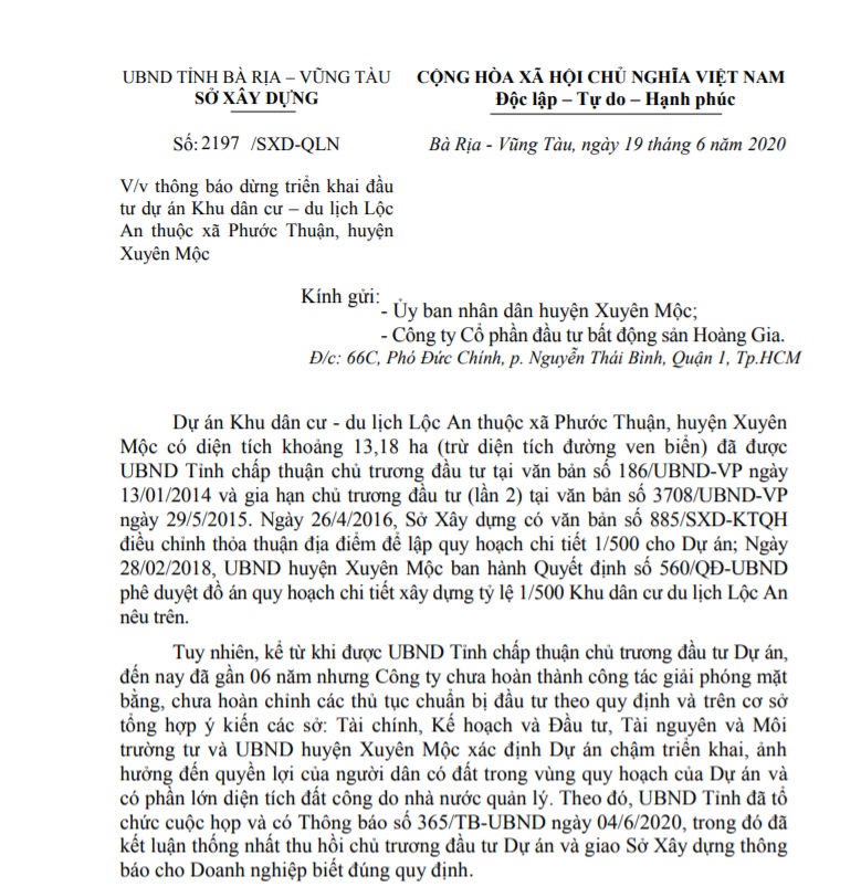 Bà Rịa – Vũng Tàu Dự án khu dân cư – du lịch Lộc An bị yêu cầu dừng thực hiện để xem xét thu hồi