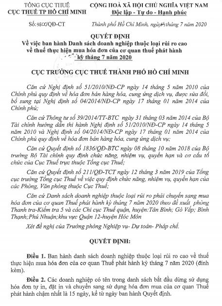 Cục thuế TPHCM công bố danh sách rủi ro cao về thuế