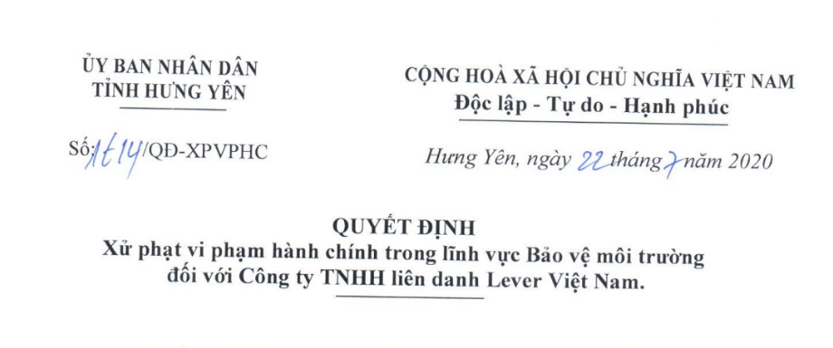 Hưng Yên Xử phạt Công ty TNHH liên danh Lever Việt Nam 726 triệu đồng vì vi phạm Luật bảo vệ môi trường