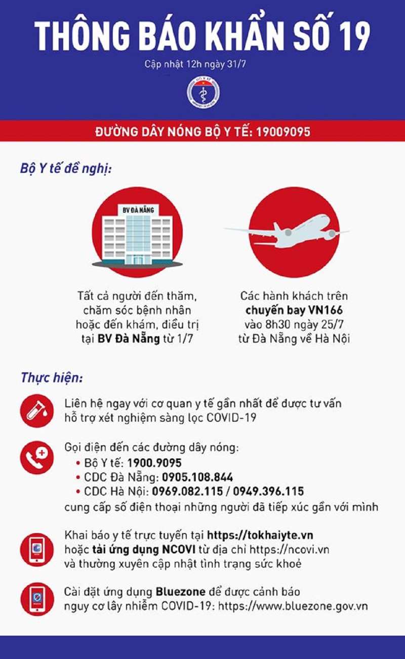 Thông báo khẩn số 19 Hành khách chuyến bay VN166 Đà Nẵng- Hà Nội cần khẩn trương khai báo y tế